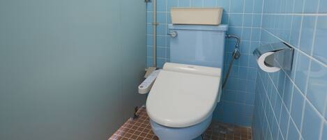 A small bathroom with a toilet, a bidet, and a toilet paper holder.