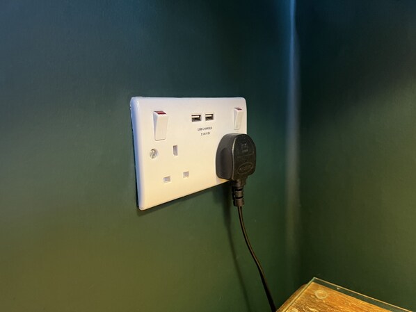 A wall-mounted electrical outlet with a USB charger and a power cord plugged in.