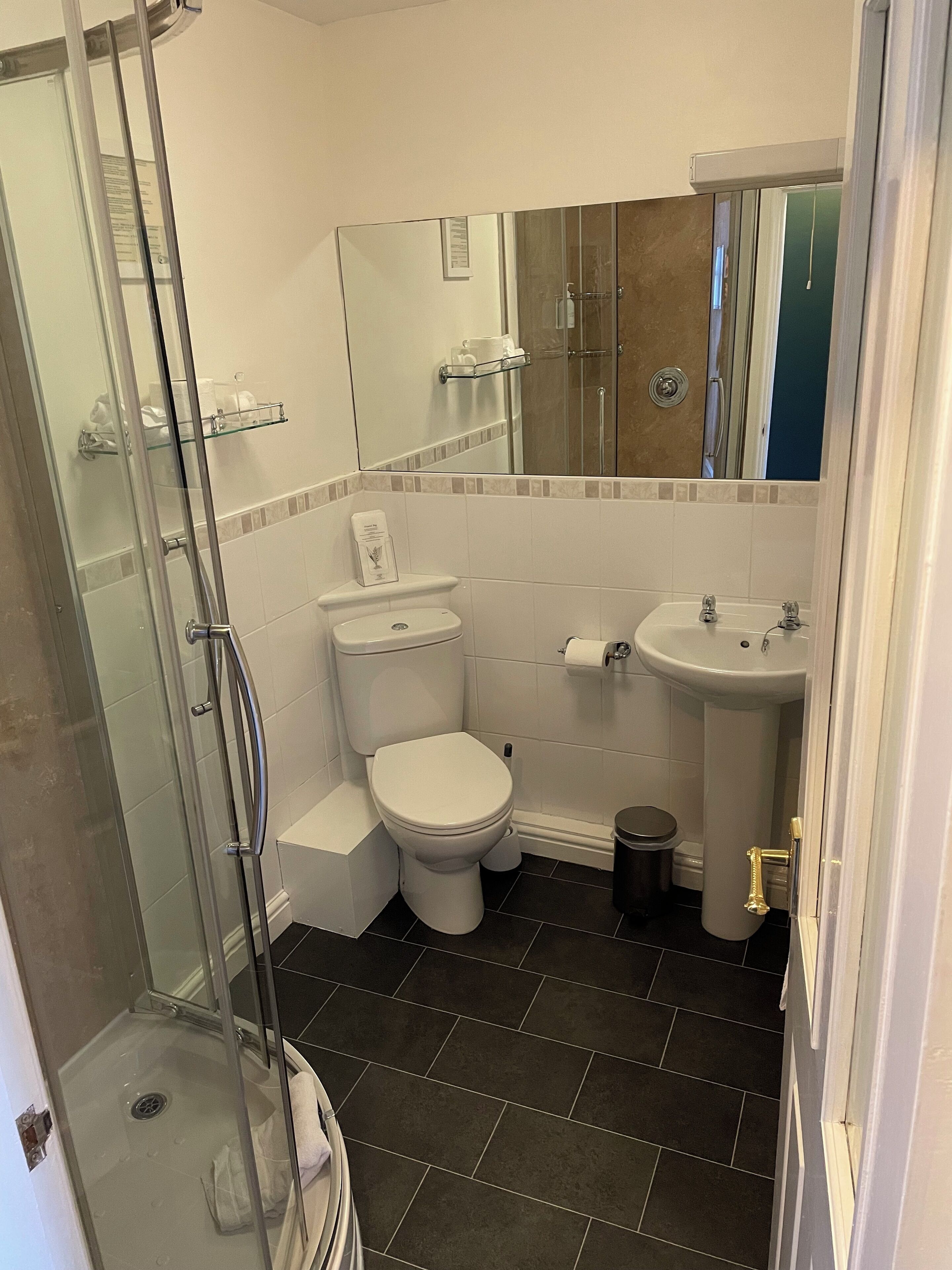 Un baño moderno con cabina de ducha de vidrio, inodoro, lavabo y espejo.