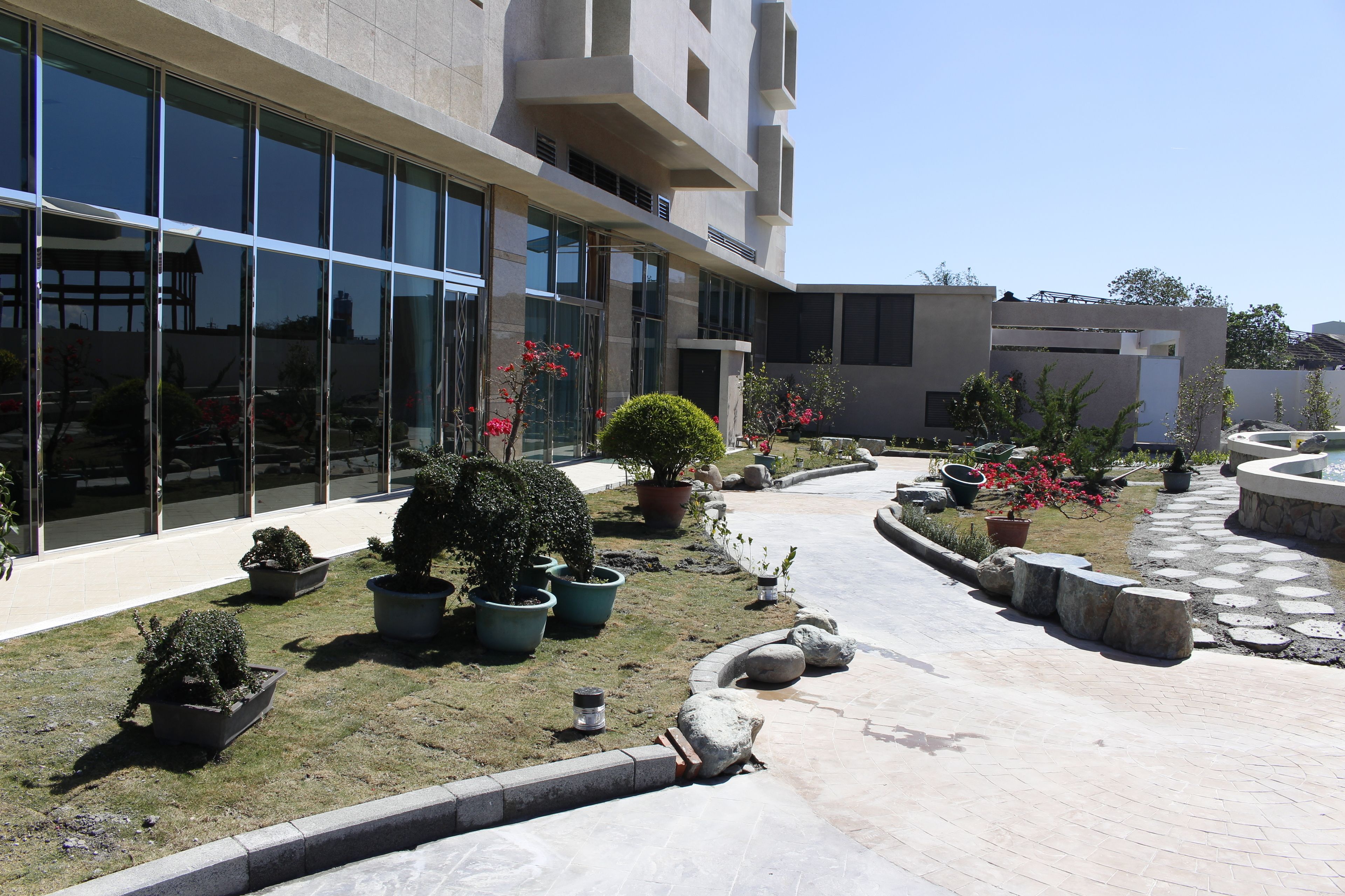 A modern building with large glass windows, a paved courtyard with potted plants, and a stone pathway.