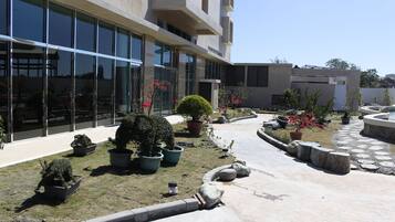 A modern building with large glass windows, a paved courtyard with potted plants, and a stone pathway.