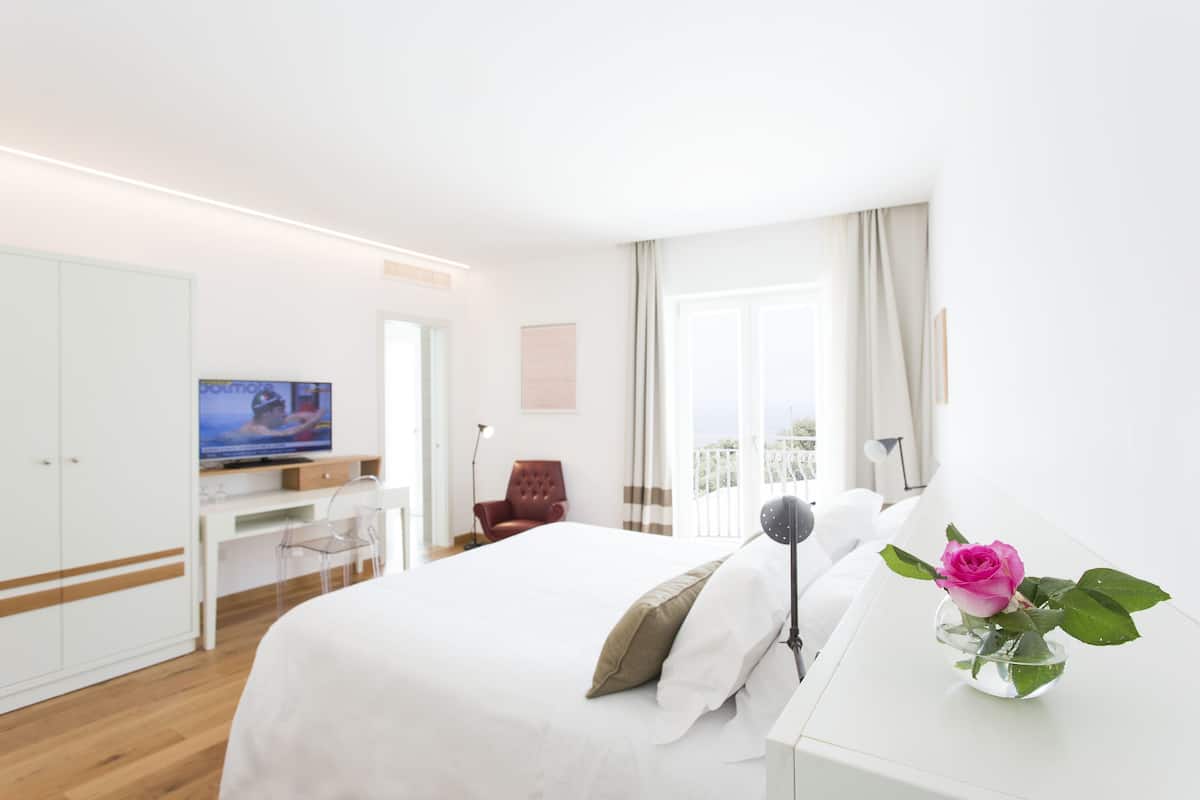 Una camera d'albergo con un letto, una scrivania con televisore, una sedia e un vaso con un fiore.
