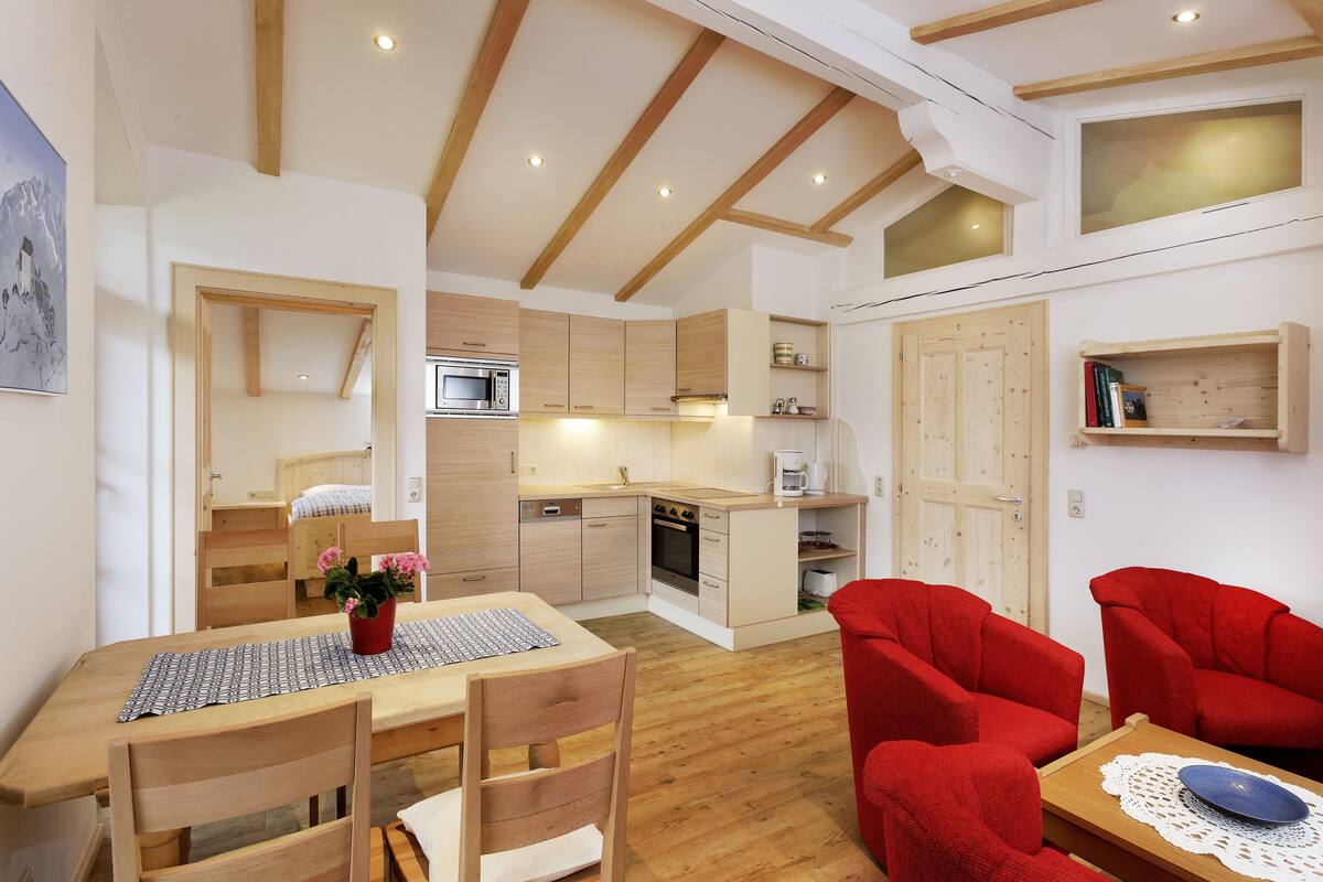 A compact kitchen with modern appliances, a dining area with a wooden table and chairs, and a cozy seating area with red sofas.