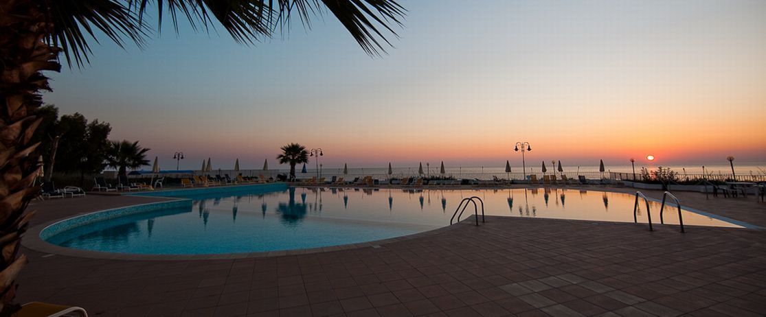 A swimming pool with a sunset view, surrounded by lounge chairs and palm trees.