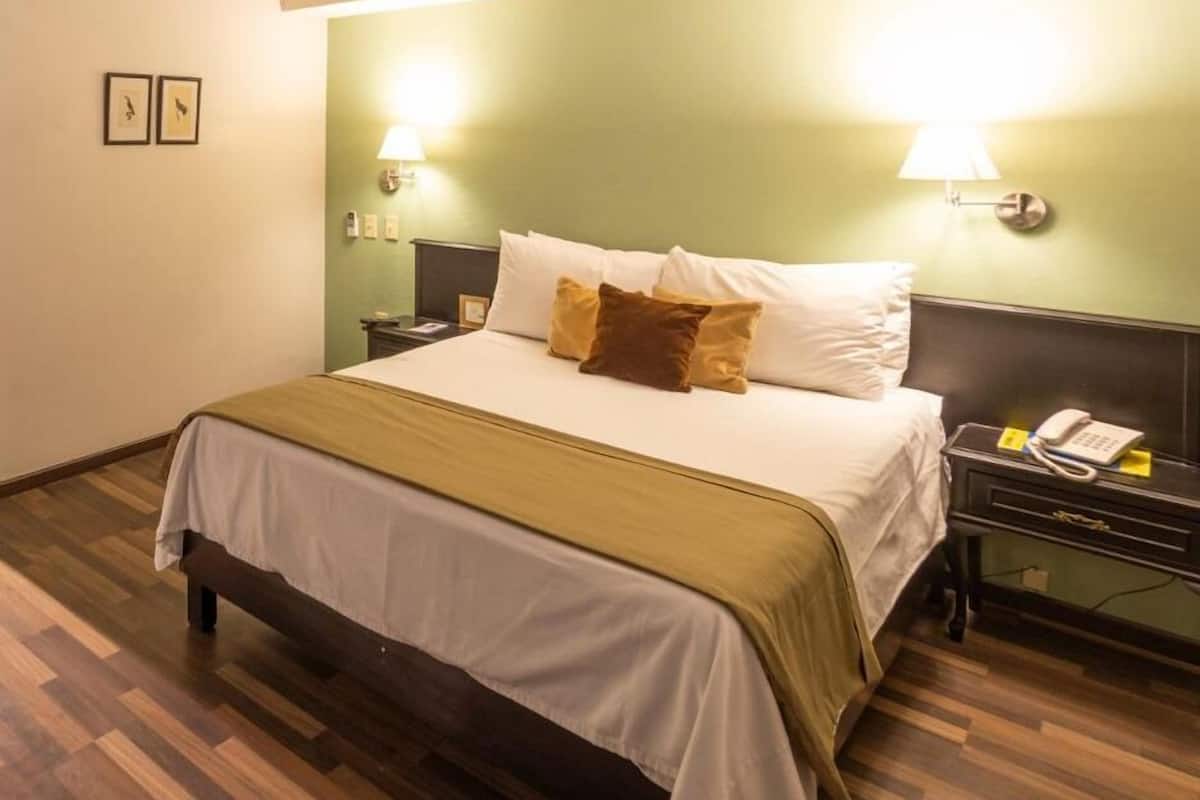 Een hotelkamer met een bed, nachtkastjes en een telefoon.