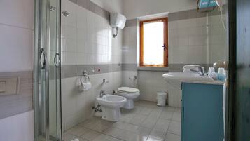 Shower, rainfall showerhead, bidet, towels