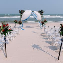 On the beach, sun-loungers