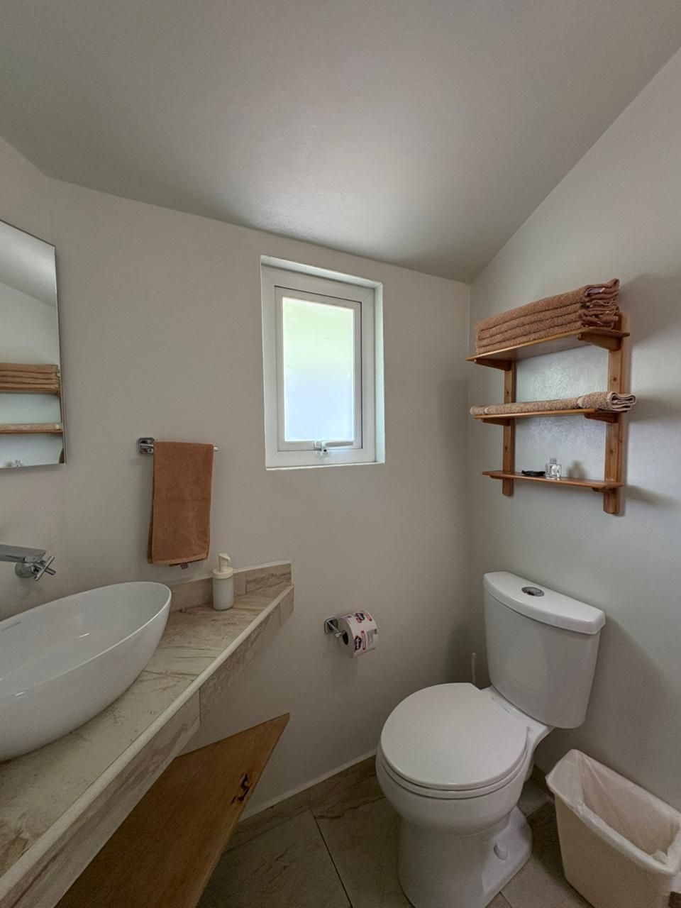 A bathroom with a large sink, a toilet, a window, and a towel rack.