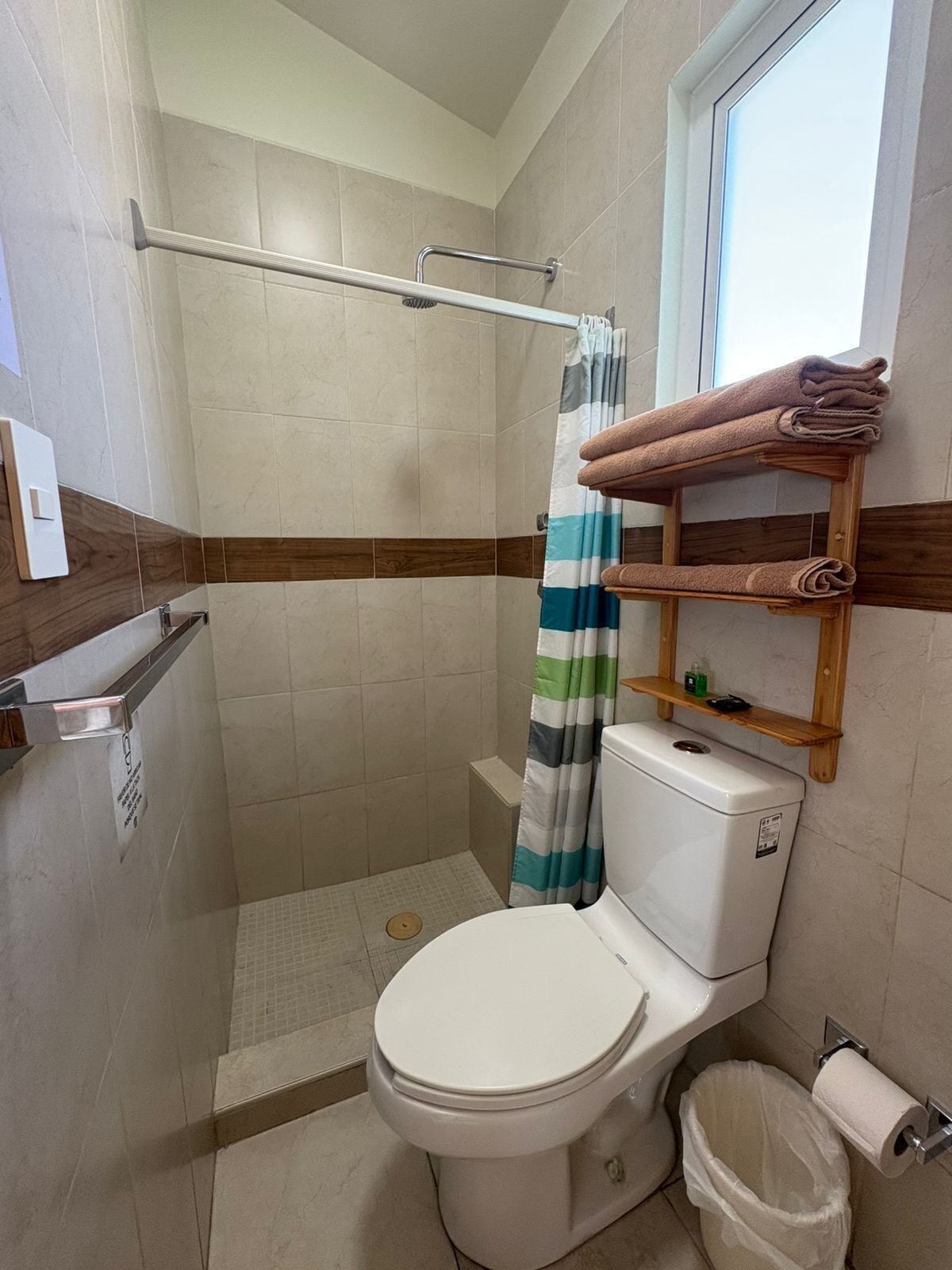 Un baño con ducha, inodoro y barra para toallas.