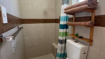 Un baño con ducha, inodoro y barra para toallas.