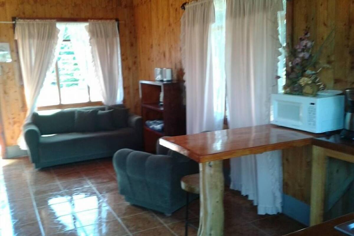 A wooden interior with a sofa, a small table, and a microwave.