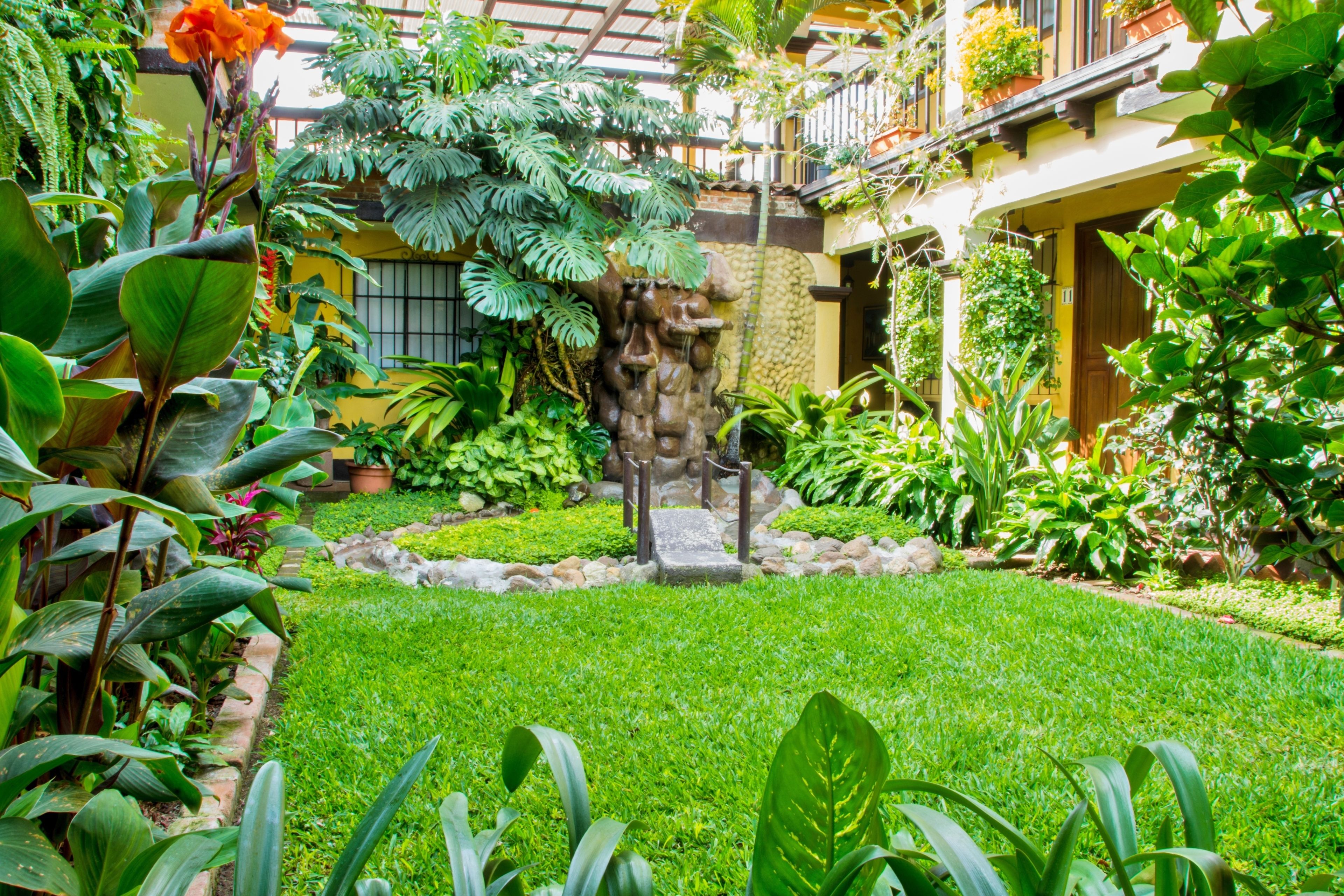 A lush garden with a central rock feature, surrounded by various plants and a well-maintained lawn.