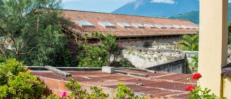 A terrace with potted plants and a view of a building with a tiled roof and mountains in the background.