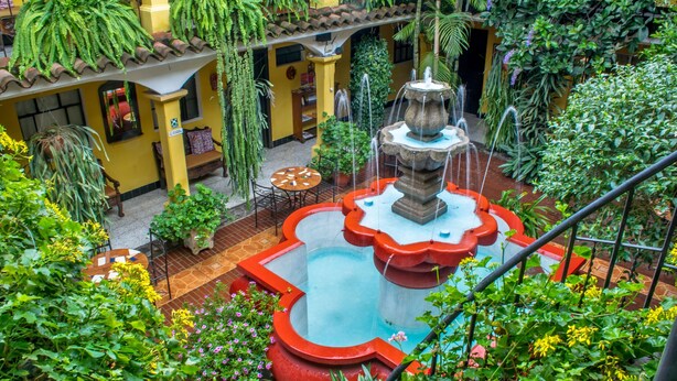 Un patio con una fuente central, rodeado de abundante vegetación y edificios amarillos.