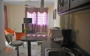 Appartement, 1 chambre | Coin cuisine privé | Grand réfrigérateur, micro-ondes, four, plaque de cuisson