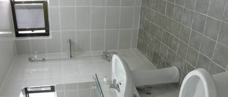 A bathroom with a toilet, bidet, and a glass shower enclosure.