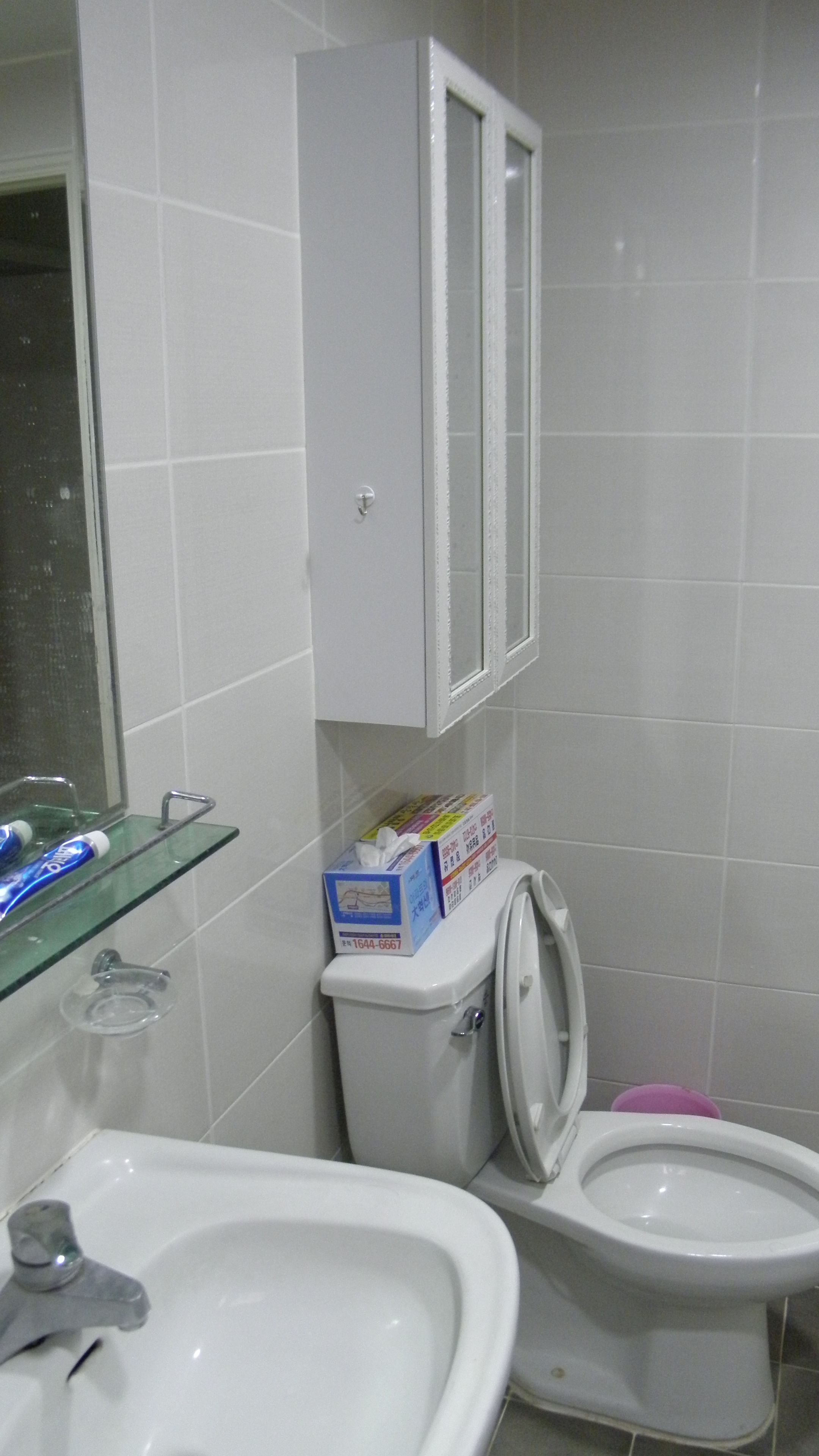 A bathroom with a white sink, a mirror, a glass shelf with toiletries, a toilet, and a cabinet above the toilet.