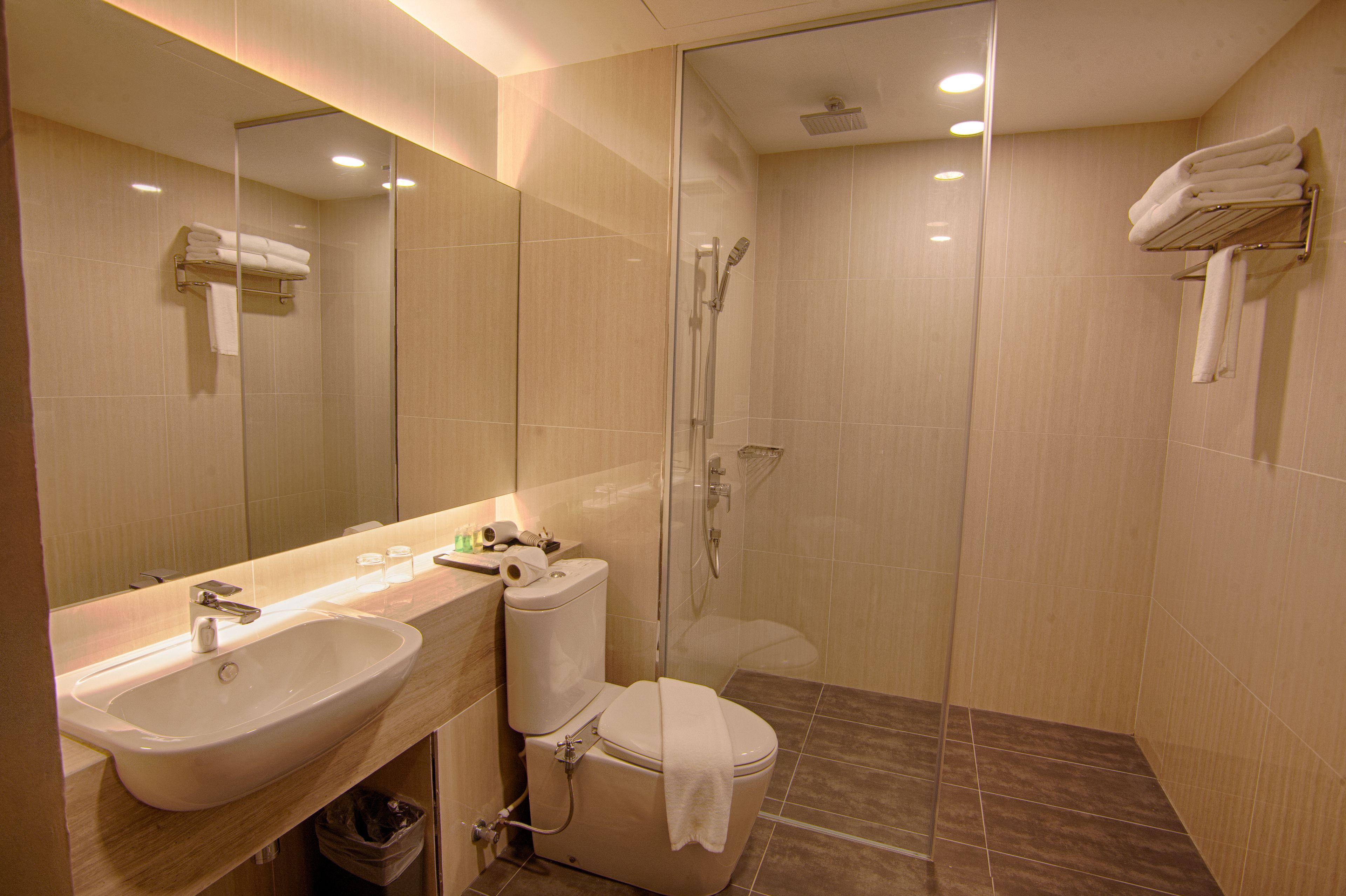 A modern bathroom with a glass-enclosed shower, a sink, and a toilet.