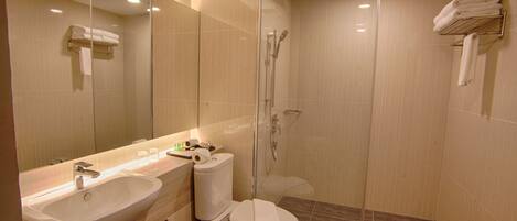 A modern bathroom with a glass-enclosed shower, a sink, and a toilet.