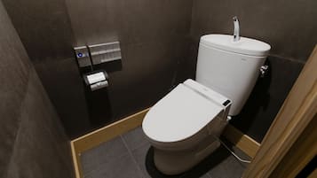 A modern bathroom with a white toilet, a wall-mounted flush handle, and a toilet paper dispenser.
