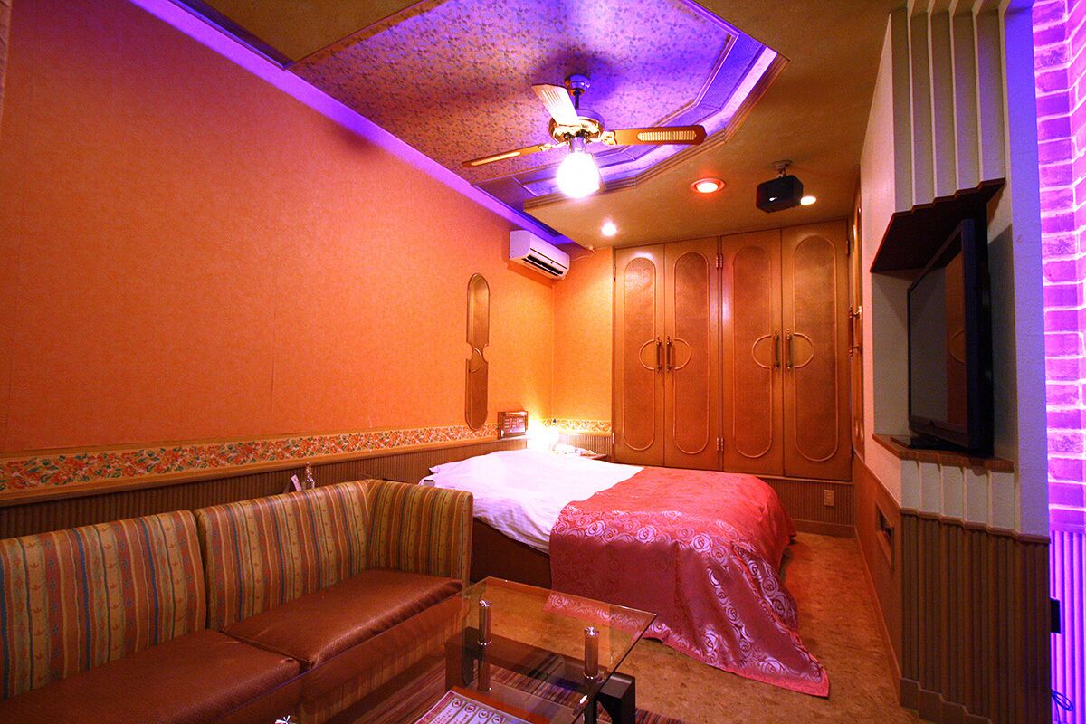 Una habitación de hotel con sofá, cama, ventilador de techo, aire acondicionado y televisor.
