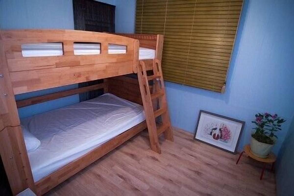 Uma cama beliche com escada, um quadro na parede e uma planta em vaso sobre uma mesinha.