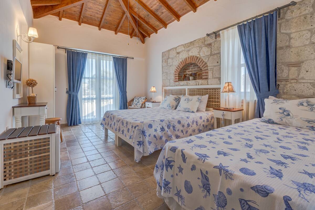 Un dormitorio con dos camas, una chimenea de piedra y un ventanal con cortinas azules.
