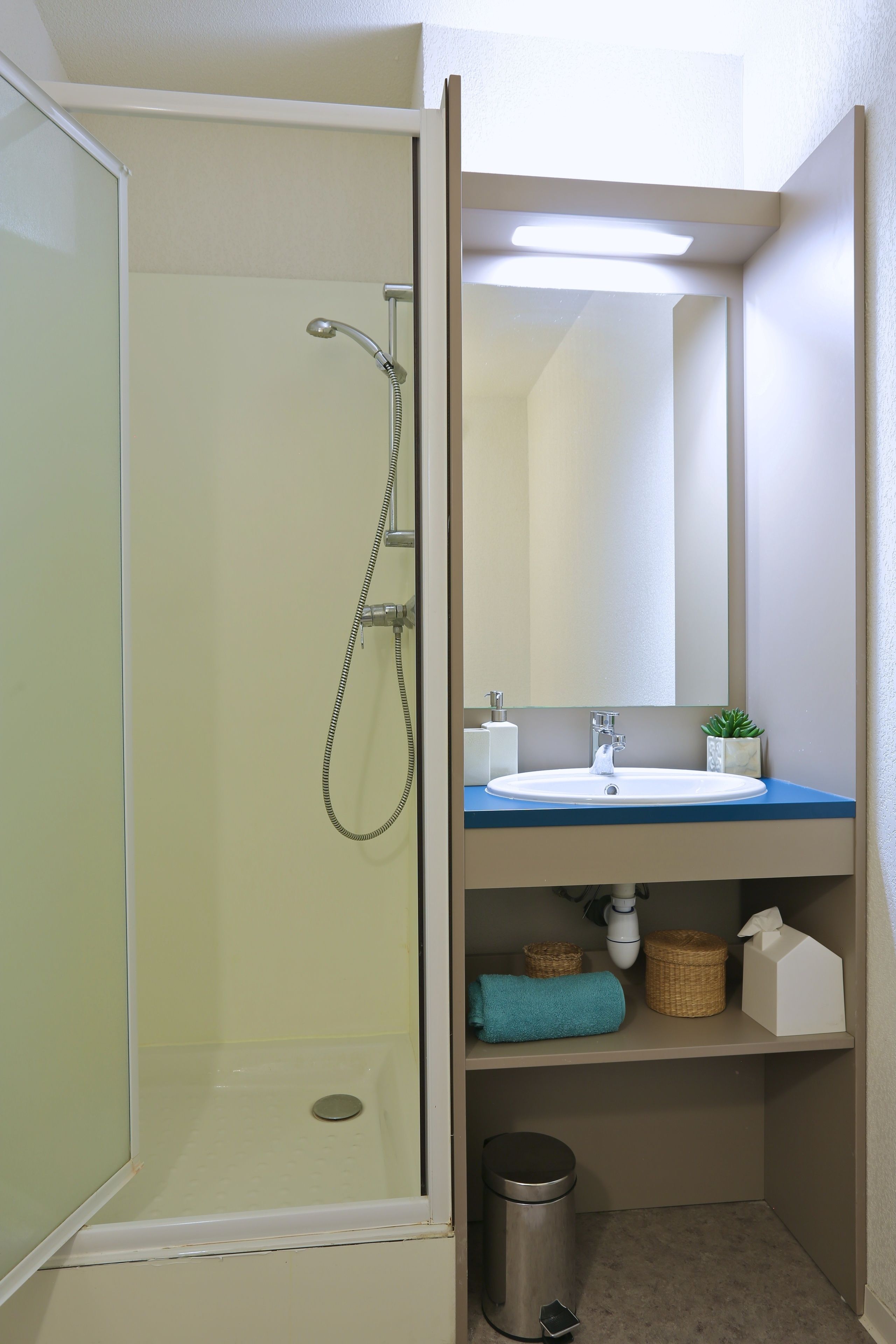 Une salle de bain avec une douche à parois de verre, un lavabo avec un miroir au-dessus et une étagère contenant des articles de toilette.