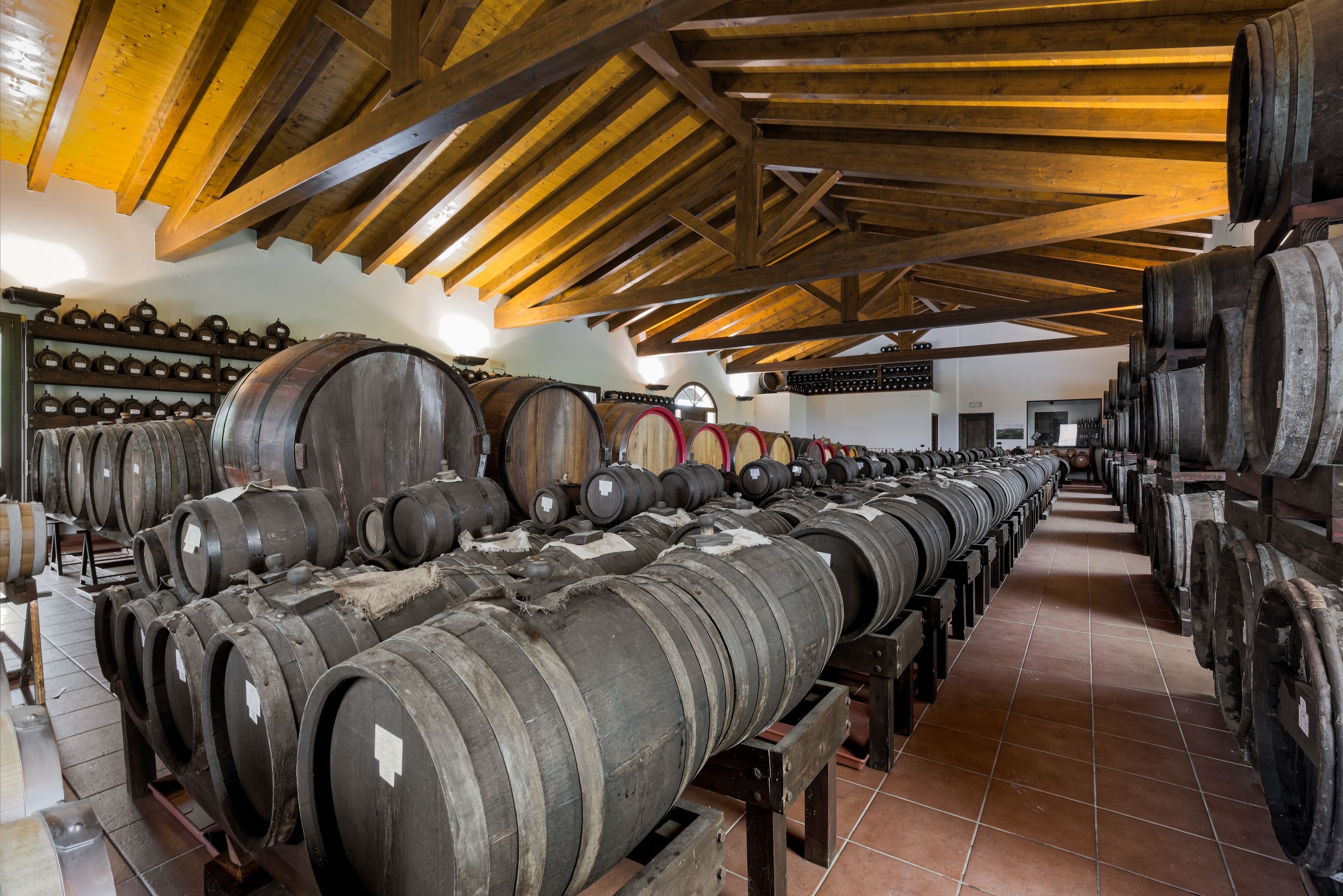 A warehouse with rows of wooden barrels on shelves and a high wooden ceiling.
