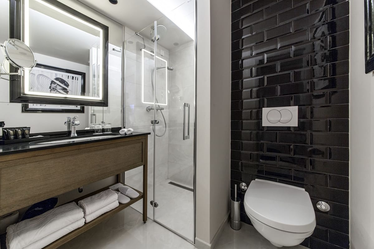 combined shower/bathtub, free toiletries, hair dryer, towels