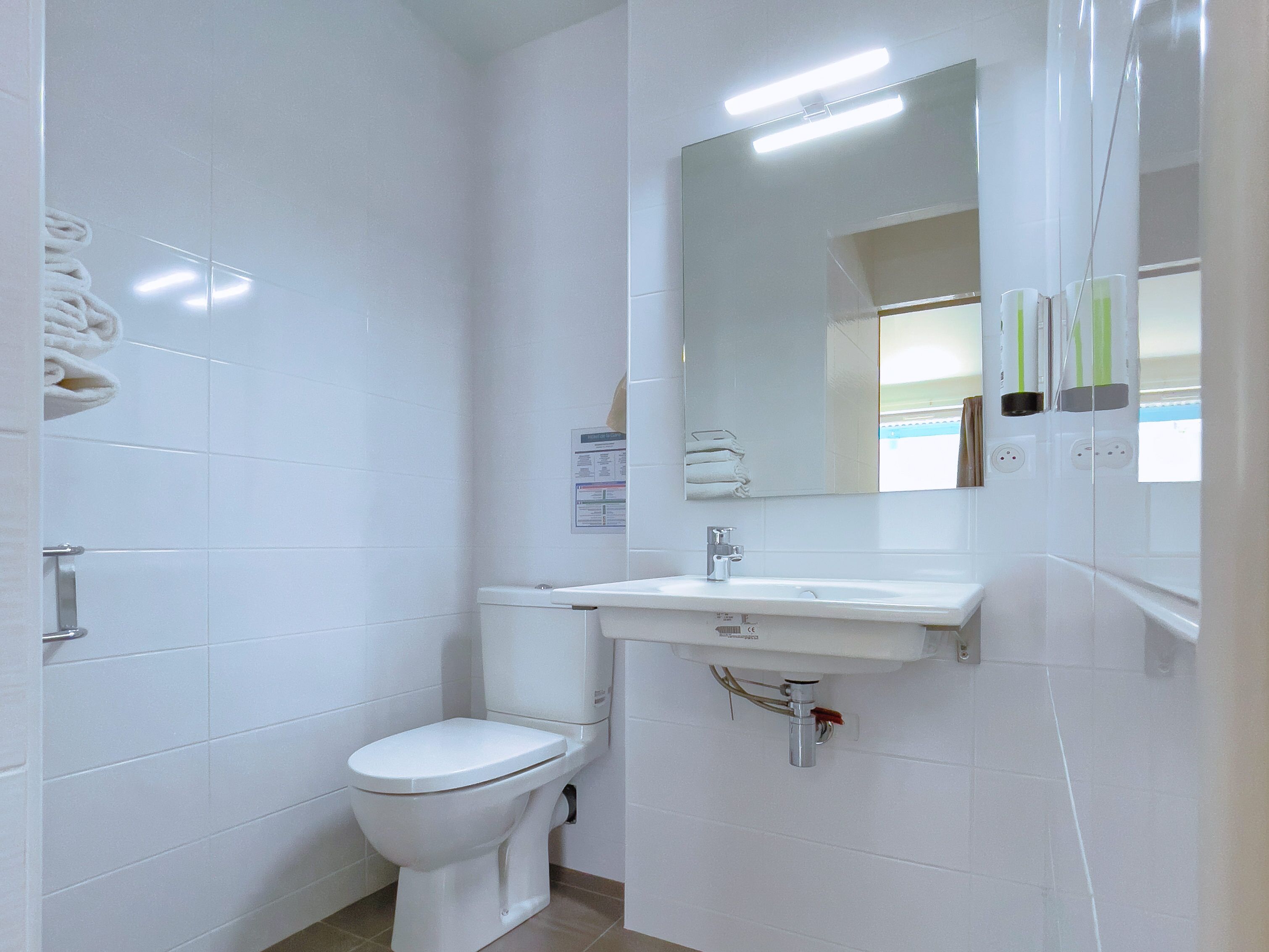 Een badkamer met toilet, wastafel, spiegel en handdoekhouder.