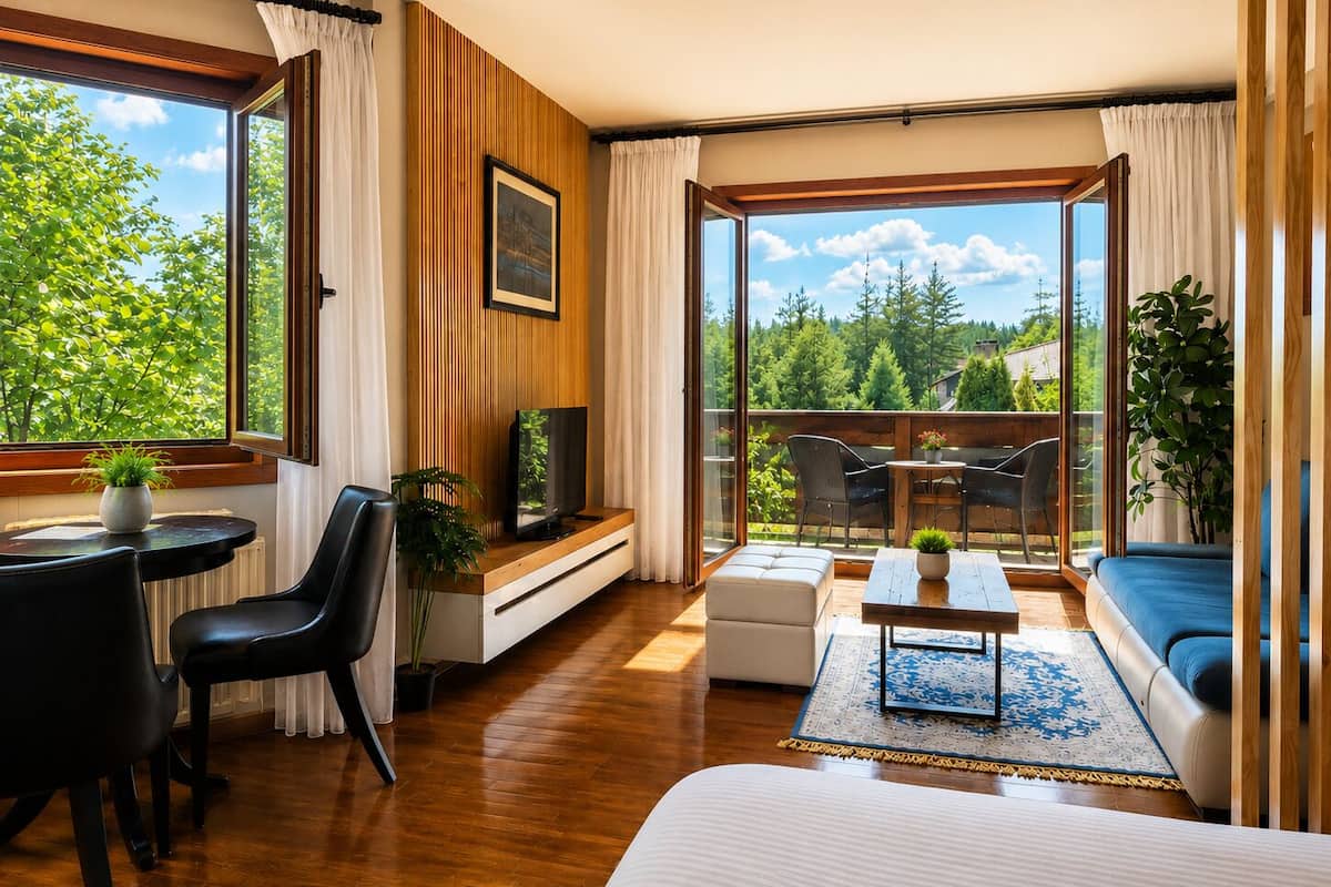 A modern room with a wooden floor, a sofa, a TV, a dining table, and a balcony with a view of trees.