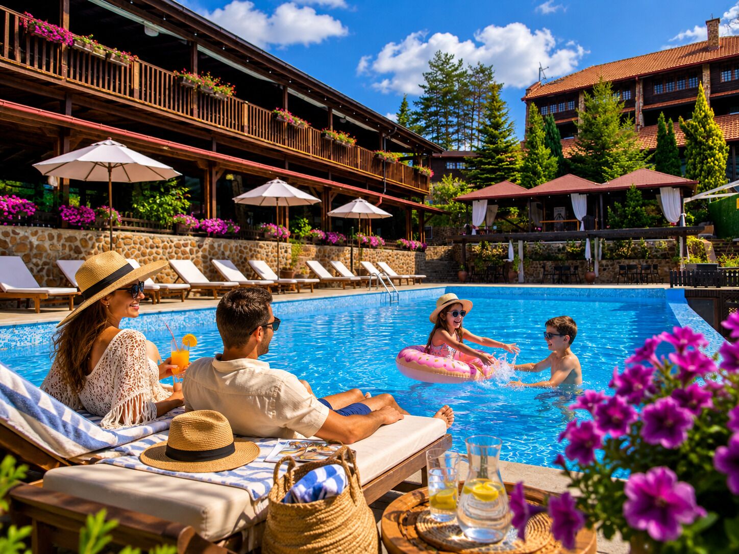 Indoor pool, outdoor pool, pool umbrellas