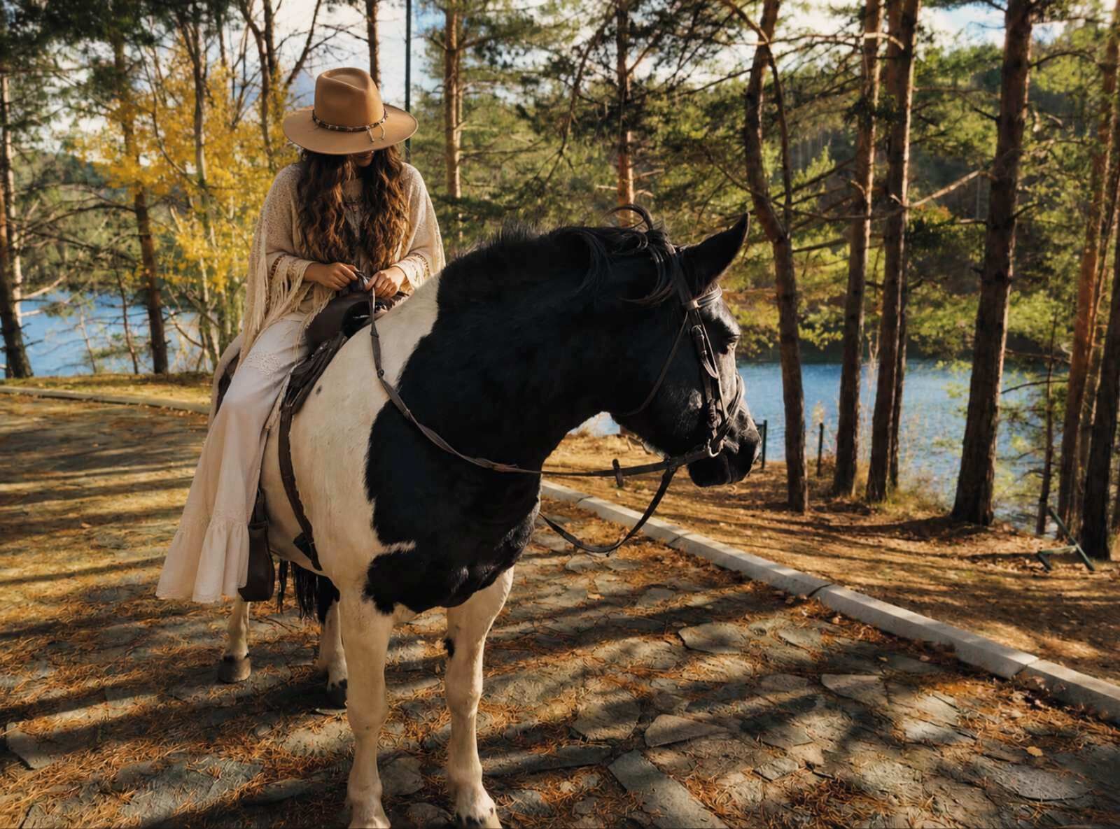 A person riding a black and white horse in a wooded area with a body of water in the background.