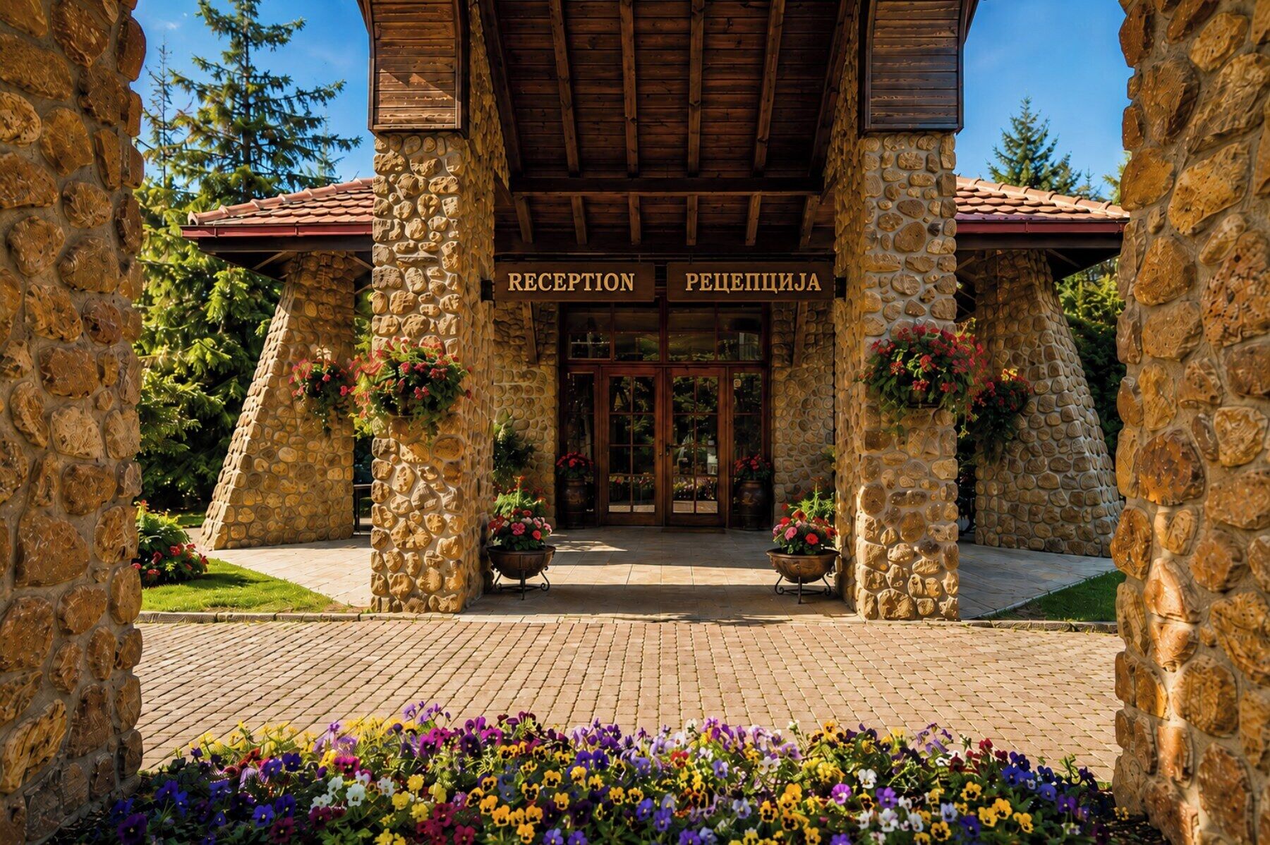 A stone building with a wooden roof and a sign reading 'RECEPTION.'