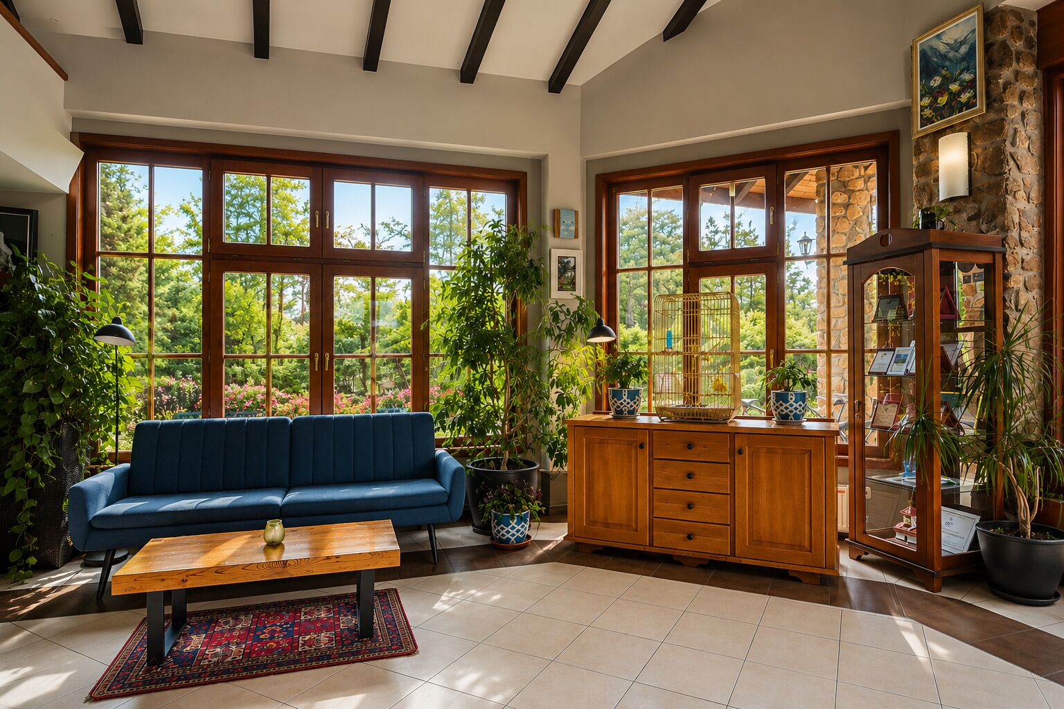 A spacious room with large windows, a blue sofa, a wooden cabinet, and various potted plants.