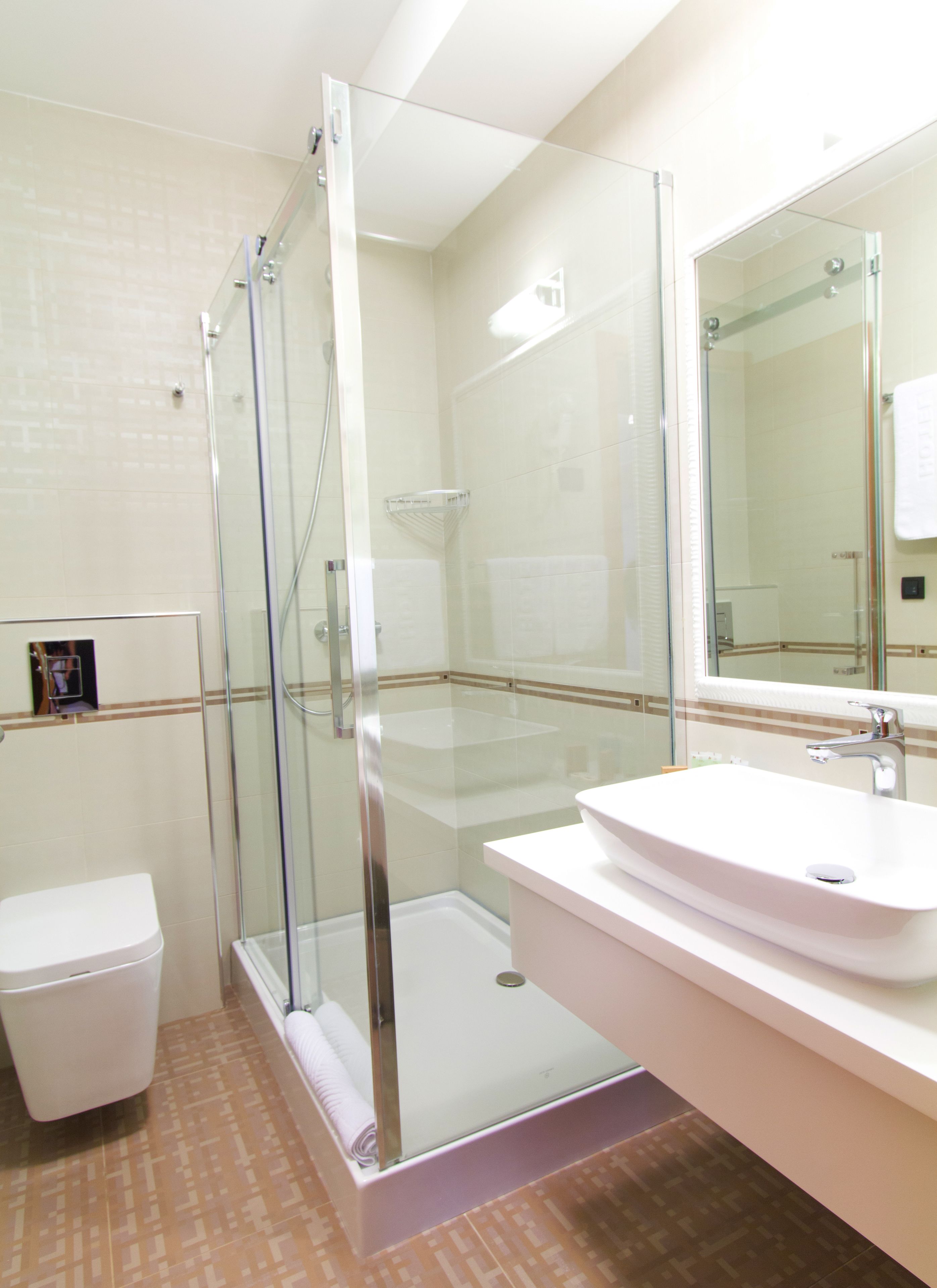 A modern bathroom with a glass shower enclosure, a white sink, and a toilet.