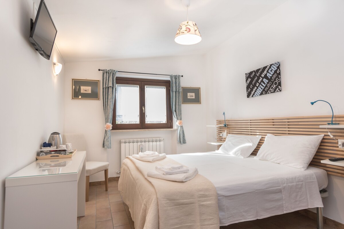 Une chambre d’hôtel comprenant un lit, une table de chevet, une télévision, une fenêtre avec des rideaux et un radiateur.