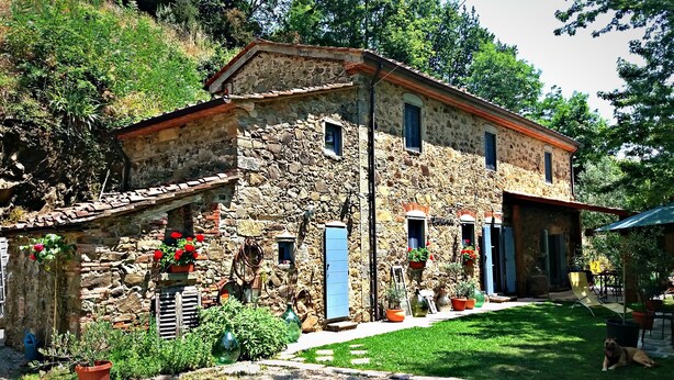 A stone house with blue shutters, surrounded by a well-maintained garden with potted plants and flowers. - Tananei (Marliana)