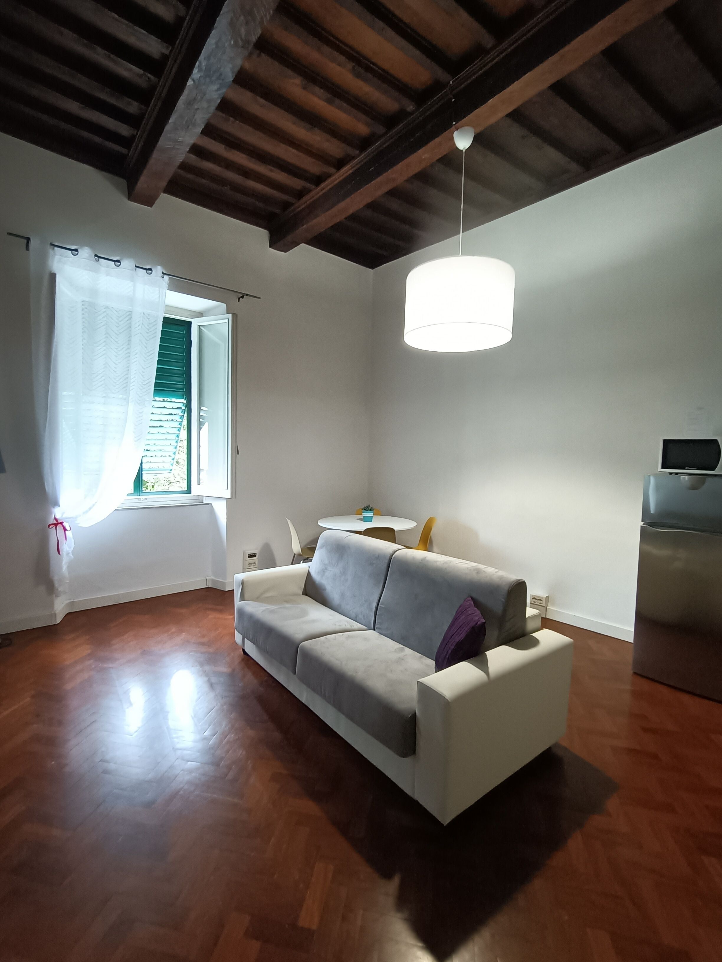 A modern living room with a wooden ceiling, a grey sofa, a small table with a plant, and a white refrigerator.