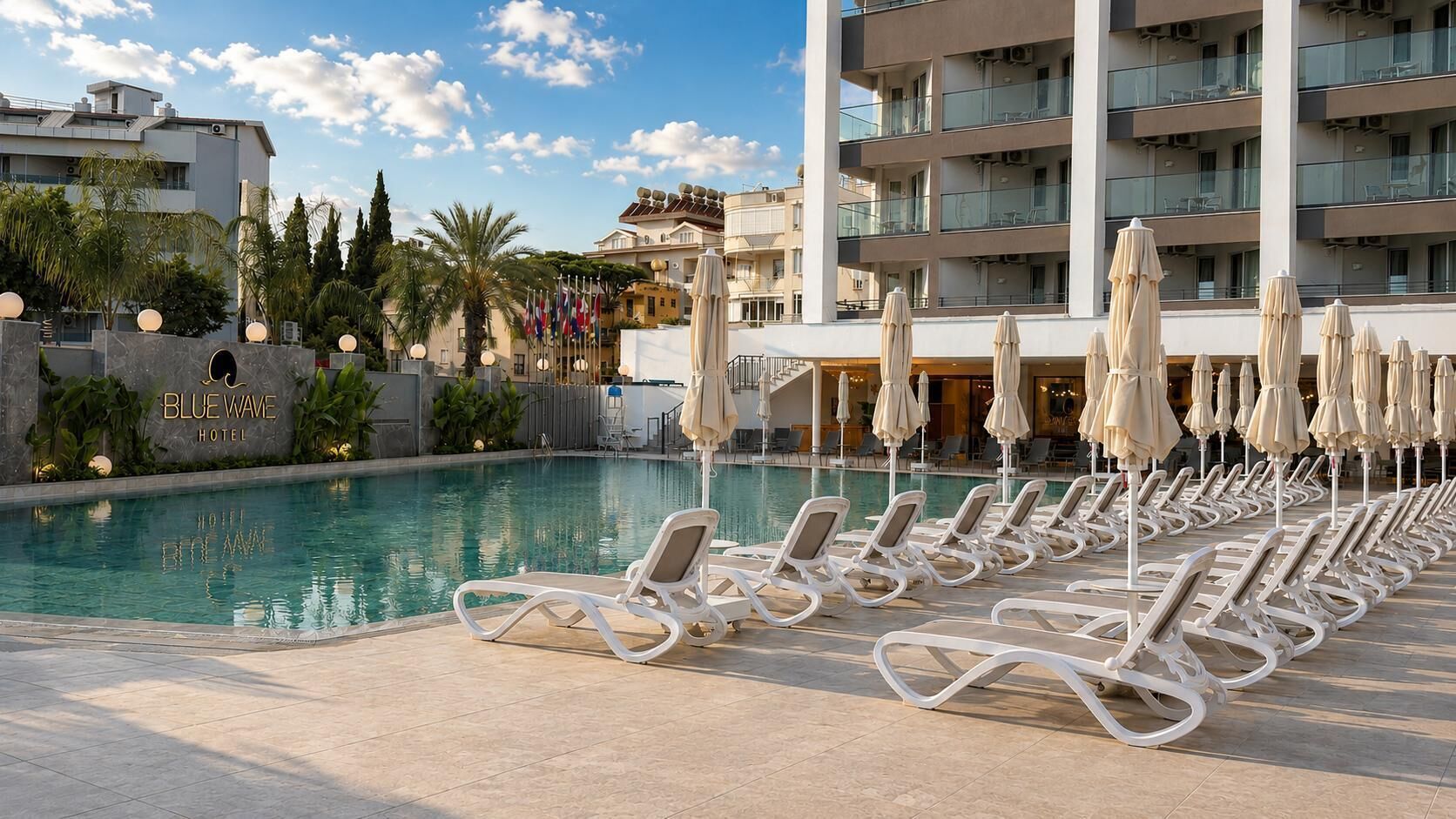 A hotel pool area with lounge chairs and umbrellas, a clear sky, and a building with balconies.
