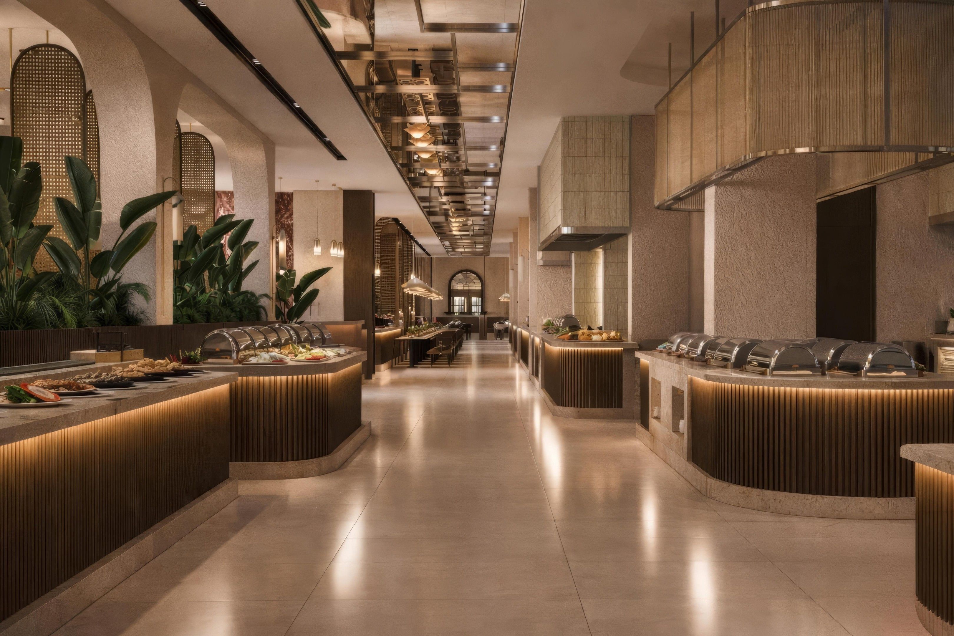 Eine moderne Hotelhalle mit einer zentralen Rezeption, Sitzbereichen und einem langen Korridor.