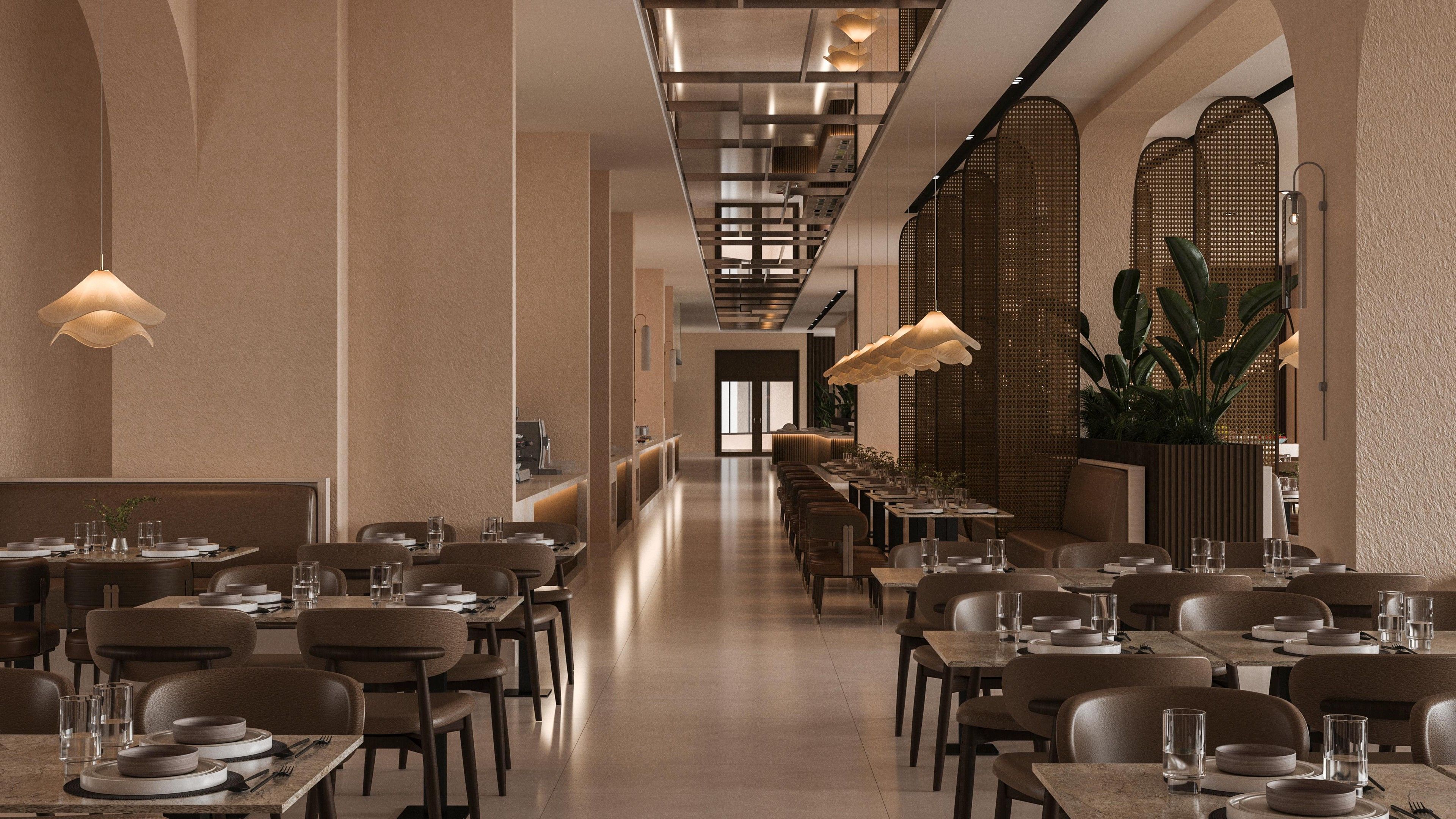 A modern restaurant with a long, narrow layout, featuring high ceilings, pendant lighting, and a central walkway.