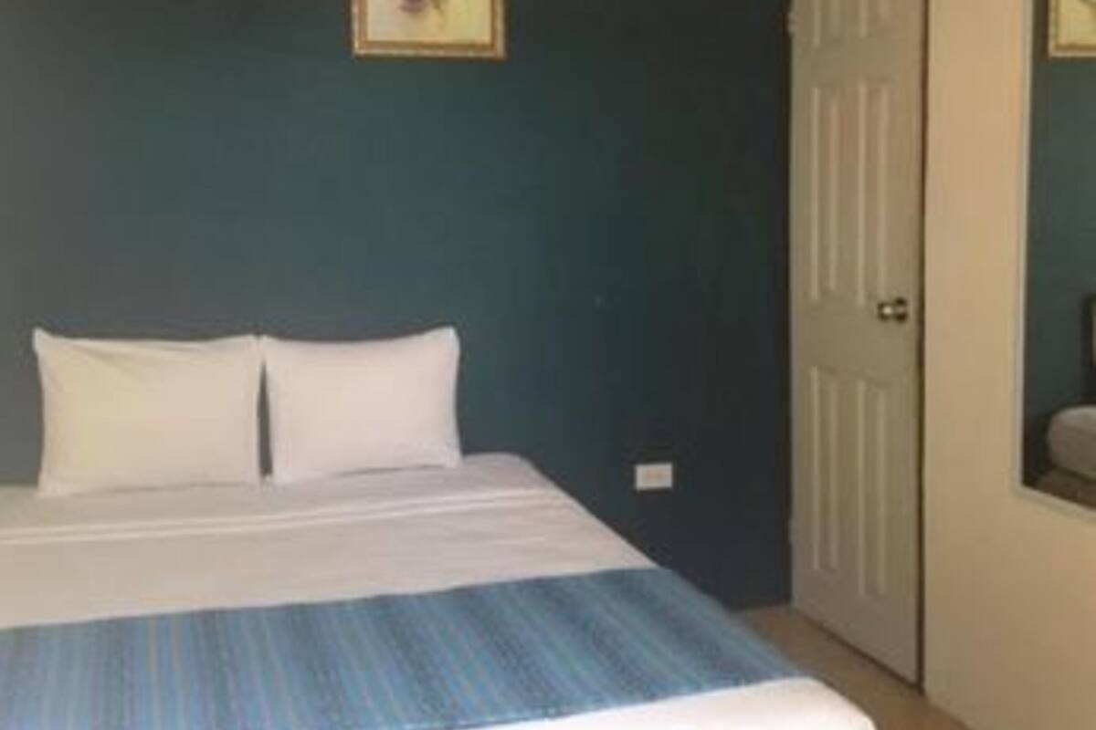 A bedroom with a bed, a door, and a wall-mounted picture.