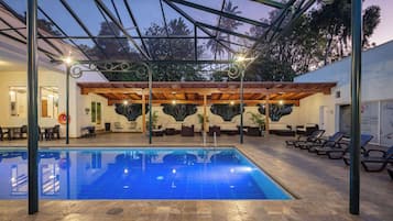 Indoor pool, outdoor pool, open 9:00 AM to 7:00 PM, pool loungers