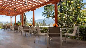 Alberca techada, alberca al aire libre y camastros