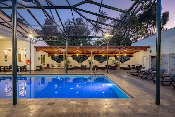 Indoor pool, outdoor pool, open 9:00 AM to 7:00 PM, sun loungers