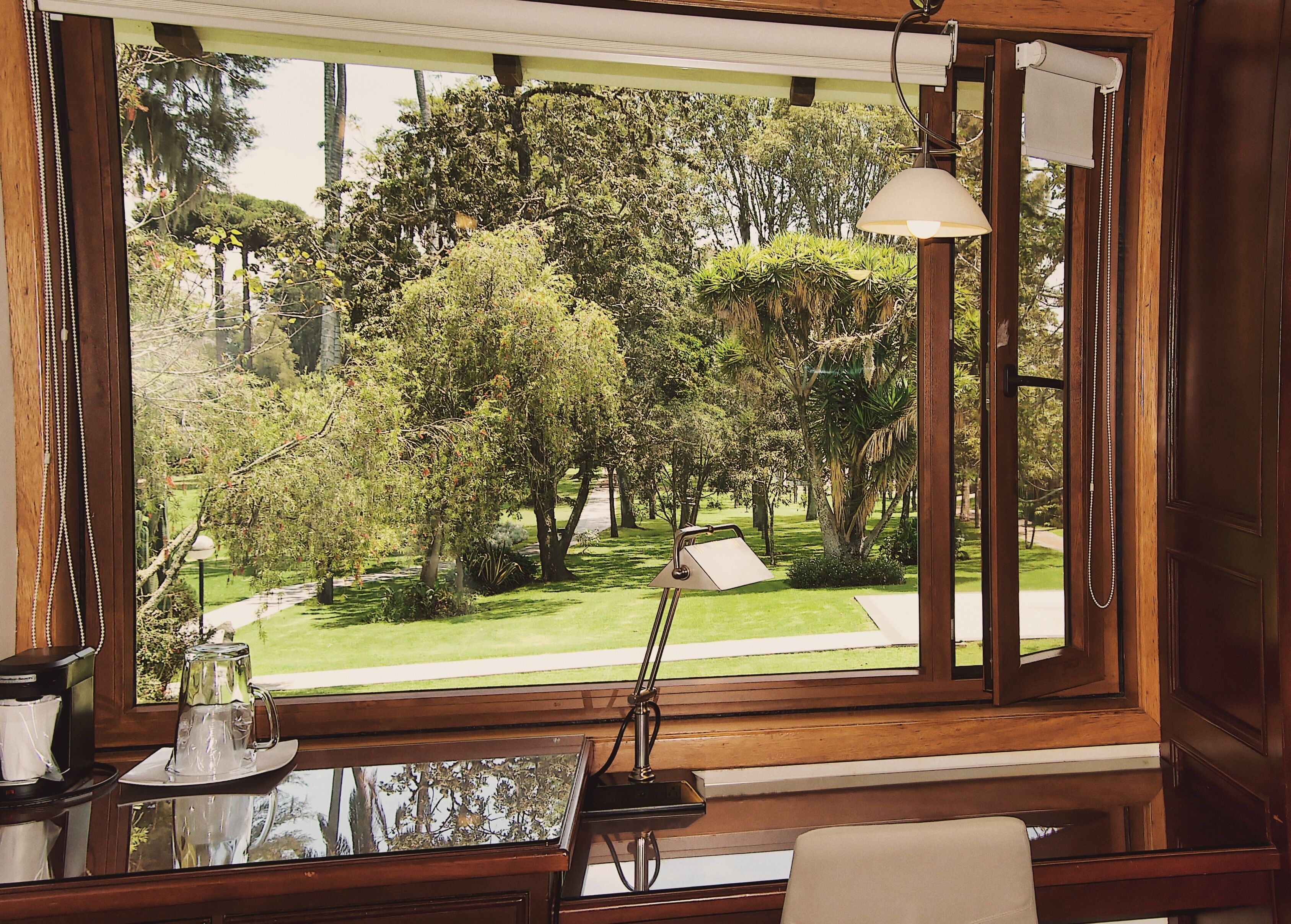 A room with a large window offering a view of a well-maintained garden with various trees and a lawn.