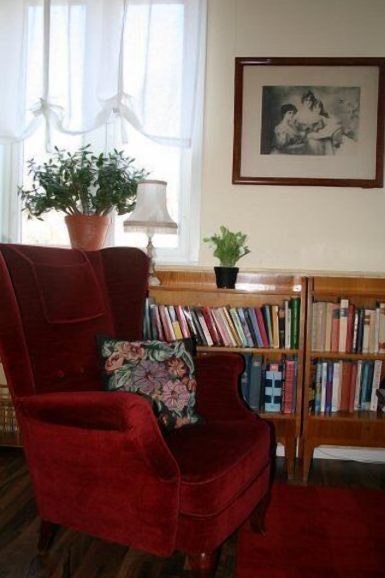 En karmstol klädd i röd sammet med en prydnadskudde med blommönster, en bokhylla full av böcker, en krukväxt och en inramad tavla på väggen.