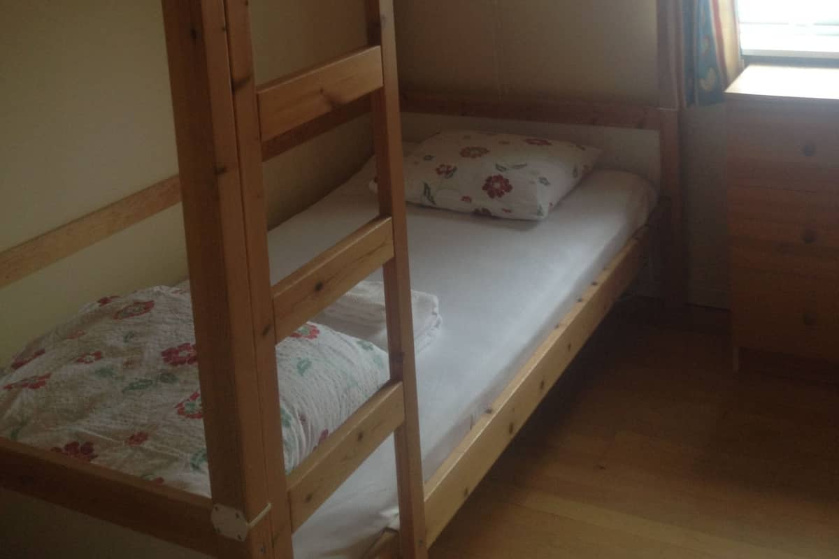 A bunk bed room with a wooden ladder, a small bedside table, and a window with curtains.